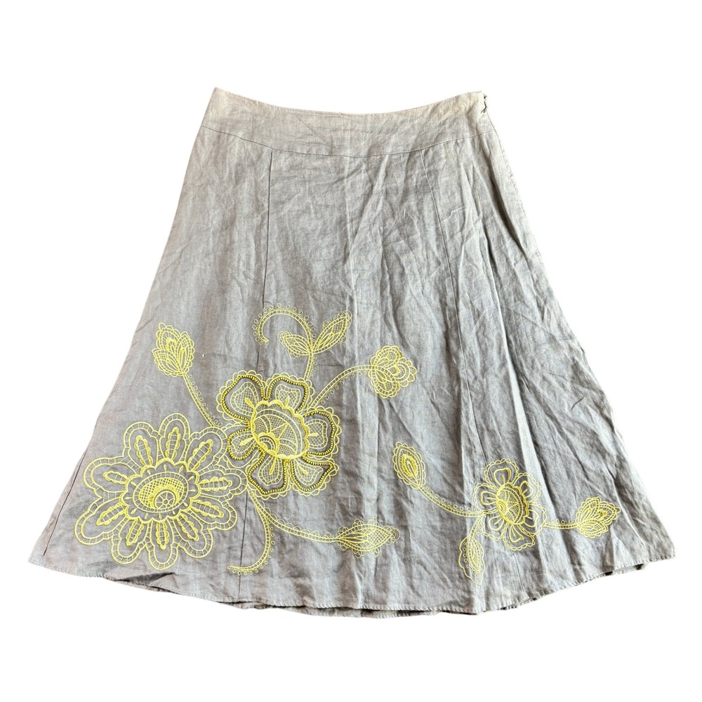 Per Una‎ Womens A-Line Skirt 12 Mink Grey Linen Floral Embroidered Beaded Boho